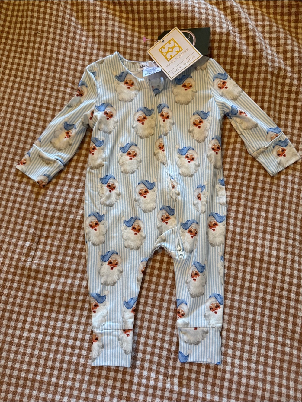NWT Blue Vintage Santa Print Baby One-Piece
